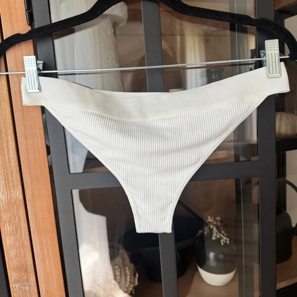 Frankie’s Bikinis Drew White Ribbed Swimsuit Bottoms cheeky elastic band